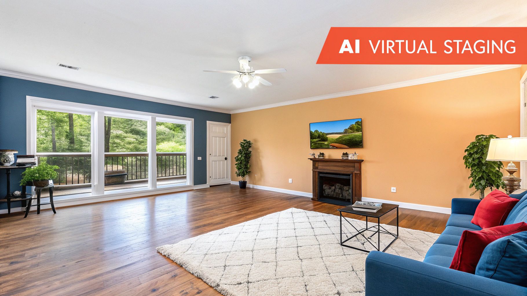 A spacious living room featuring a blue sofa, a fireplace, a television, and large windows.