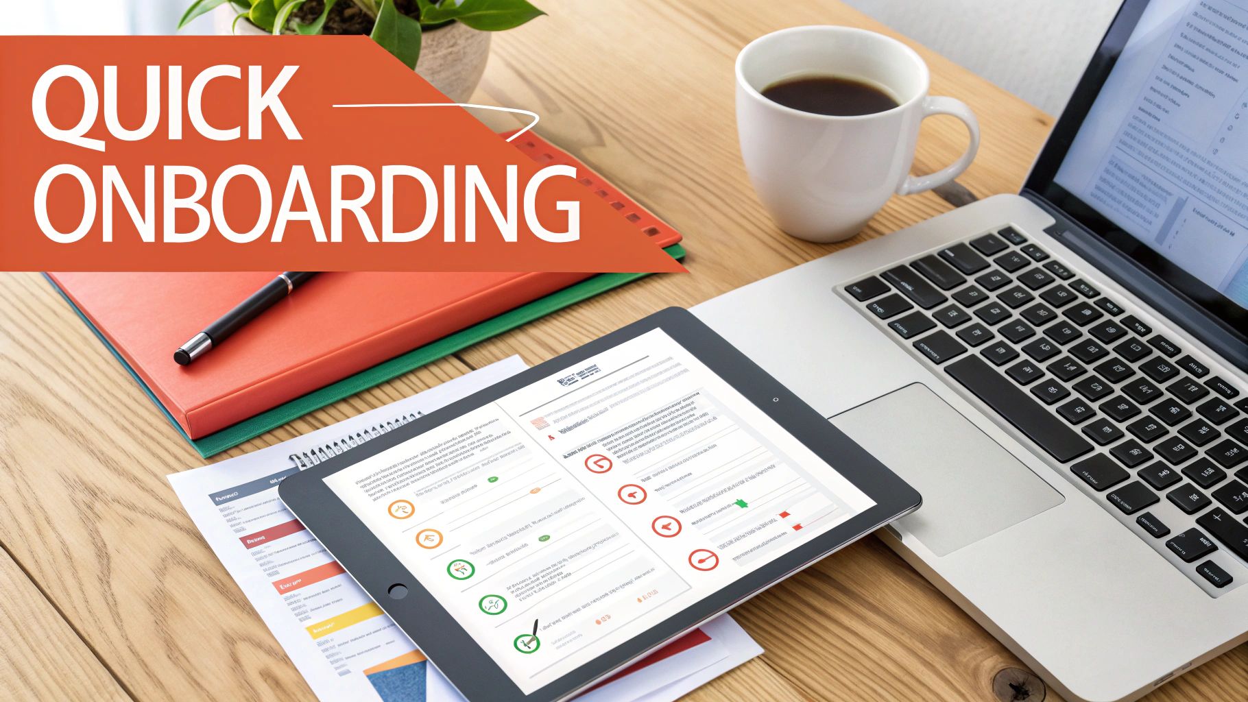 Overhead view of a modern workspace with a laptop, tablet, coffee, and a 'Quick Onboarding' banner.