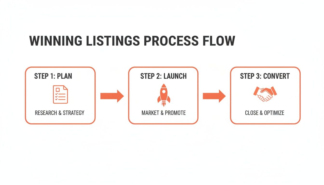 A three-step process flow for winning real estate listings, detailing plan, launch, and convert stages.