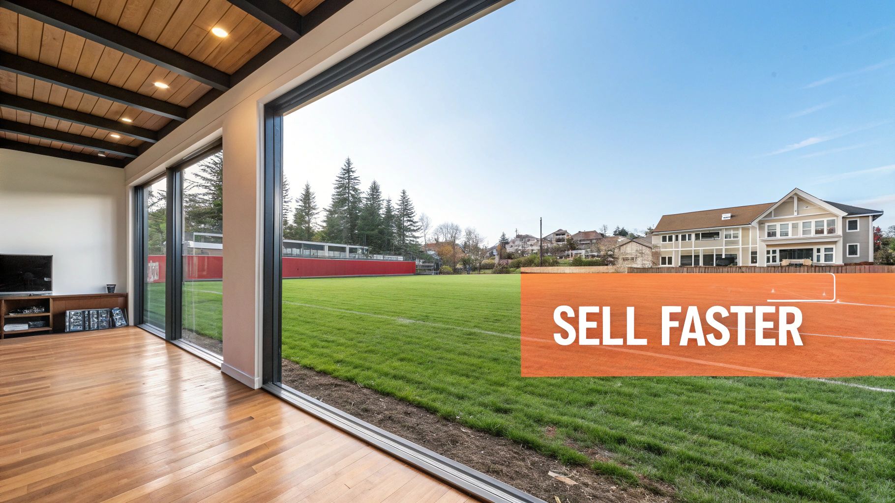 Modern room with large windows overlooking a vibrant green sports field and distant houses.