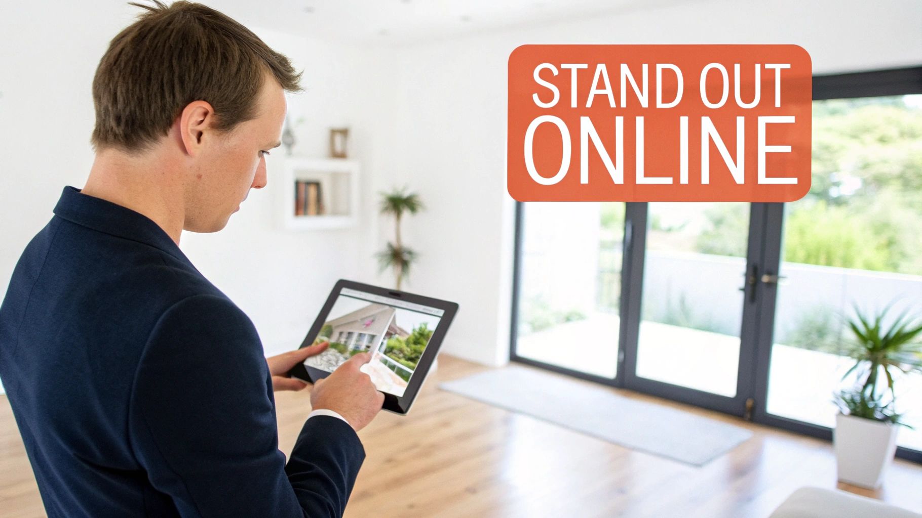 A real estate agent uses a tablet to view a house photo, with "STAND OUT ONLINE" text.