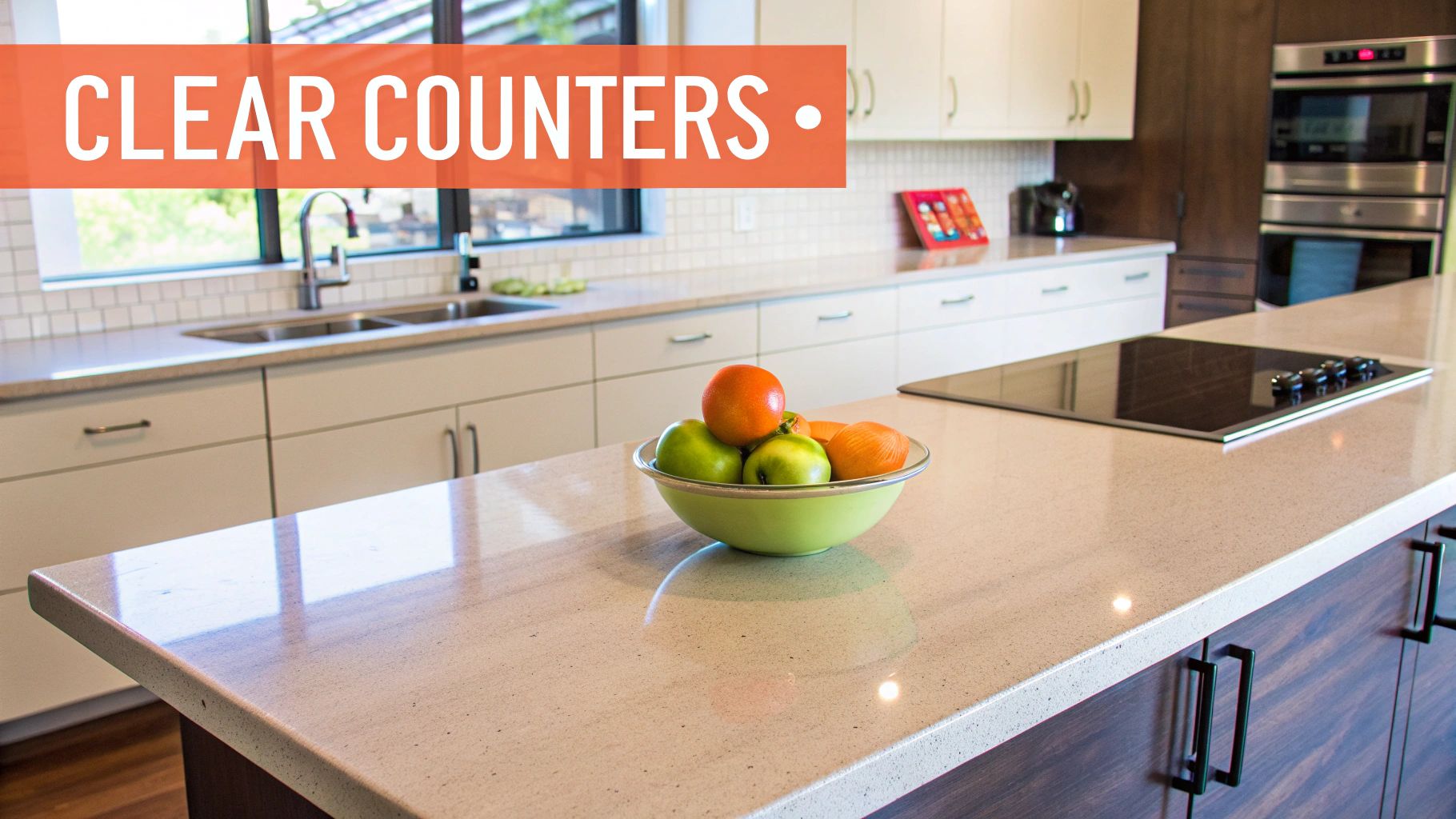 A bright, modern kitchen featuring light-colored quartz countertops, white cabinets, a sink, and an induction cooktop, with a fruit bowl.