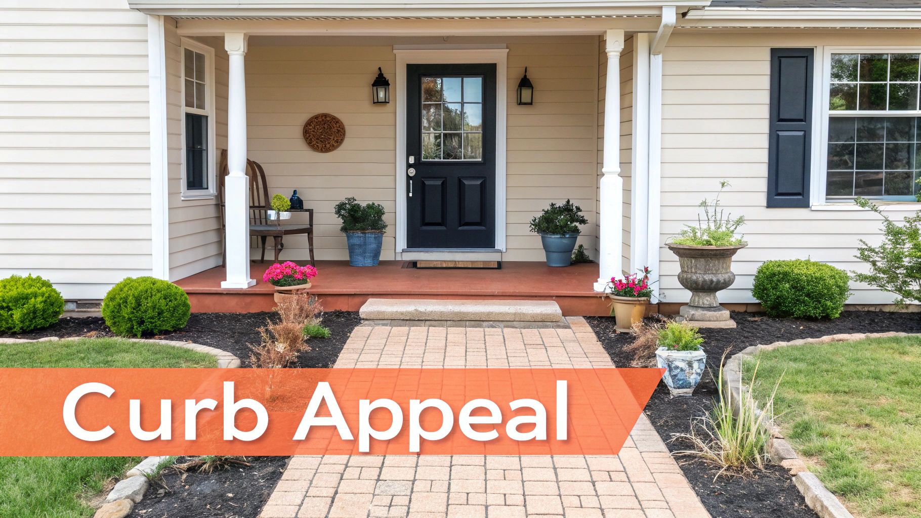 A welcoming home exterior with a black front door, brick walkway, and lush landscaping, enhanced for curb appeal.