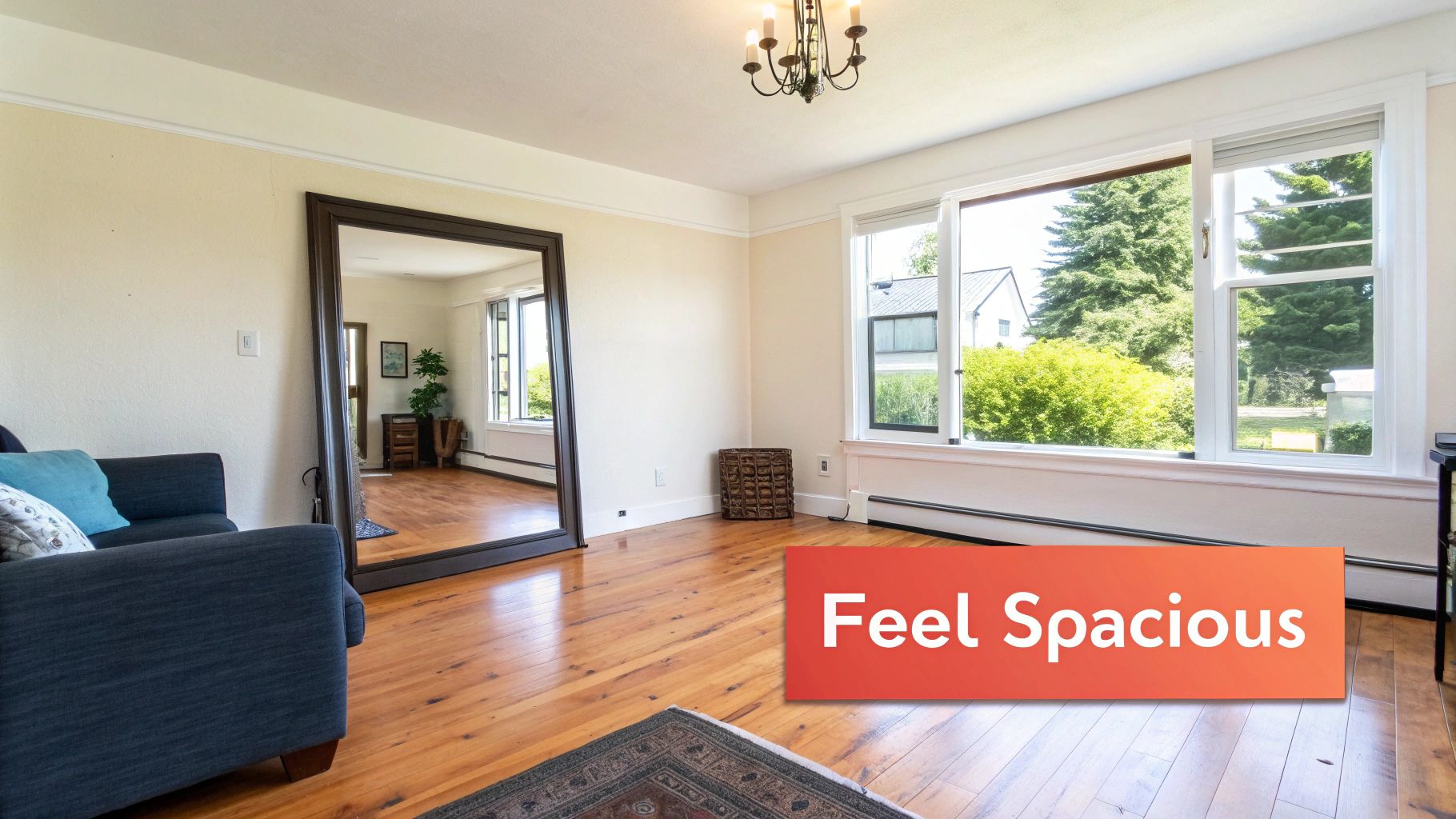 A spacious living room with wooden floors, large windows, a sofa, and a floor-length mirror.