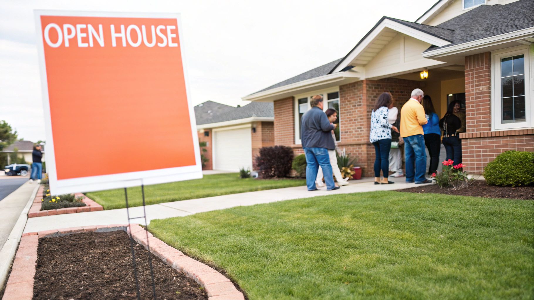 An 'OPEN HOUSE' sign stands prominently in the foreground, with potential buyers gathered at a house entrance.
