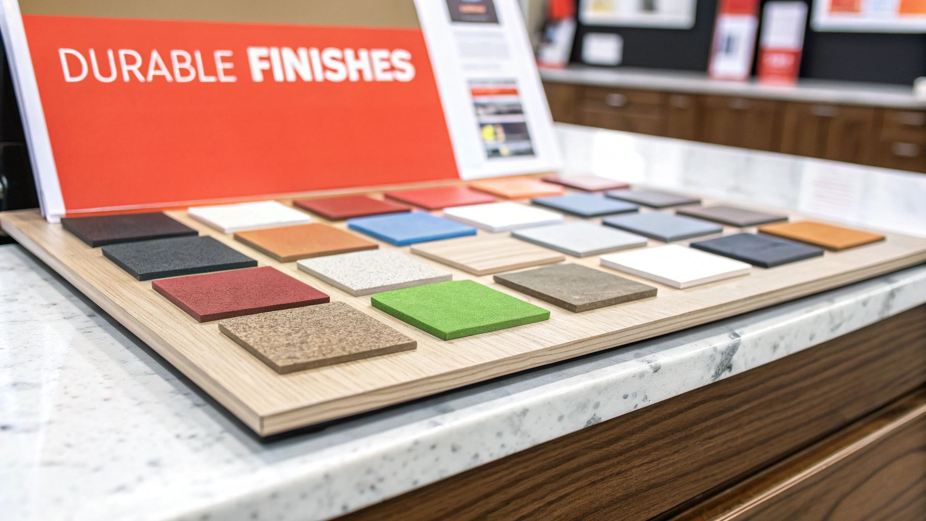 A showroom display featuring numerous durable finish samples in various colors and textures for home renovation projects.