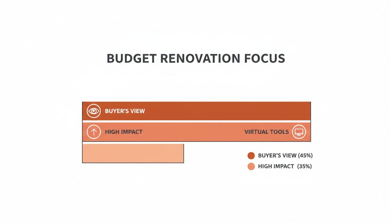 A bar chart illustrating budget renovation focus, with buyer's view at 45% and high impact renovations at 35%.