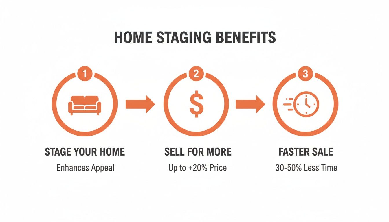 Diagram illustrating the benefits of home staging: enhances appeal, sells for more, and faster sale.