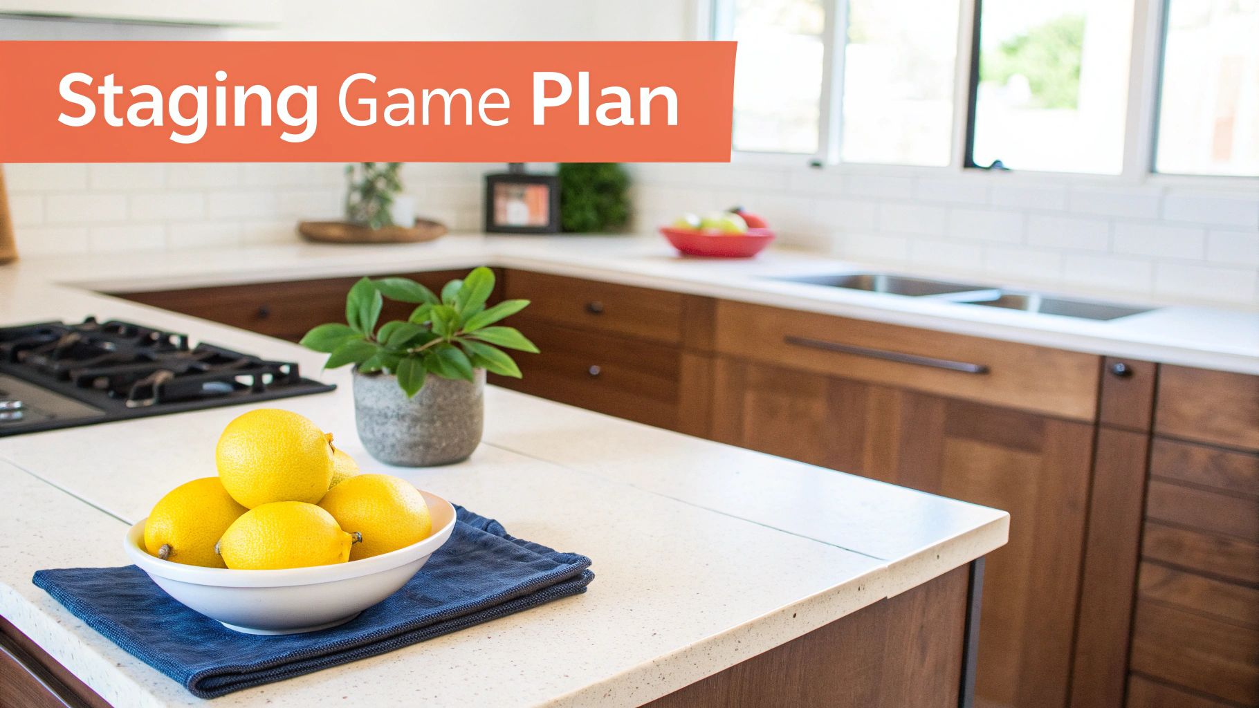 A bright, modern kitchen island featuring lemons, a plant, and a stovetop, with a 'Staging Game Plan' banner.