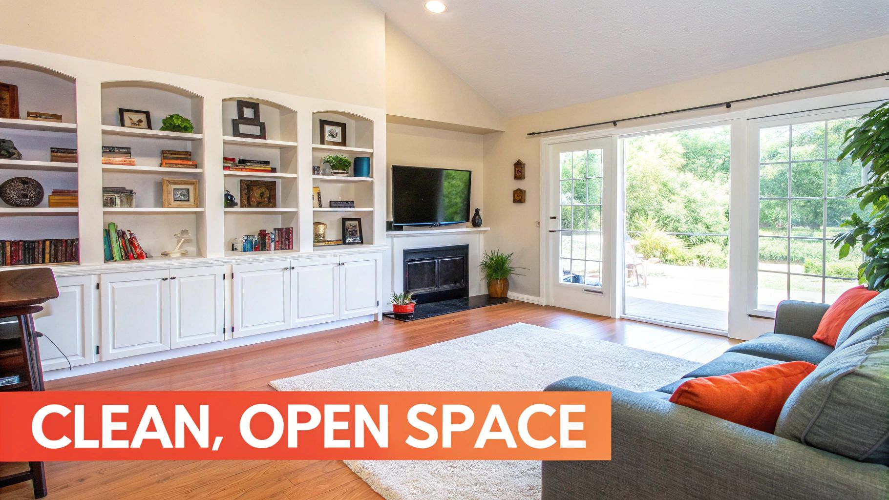 A bright living room with white built-in shelves, fireplace, and large windows opening to a green backyard.