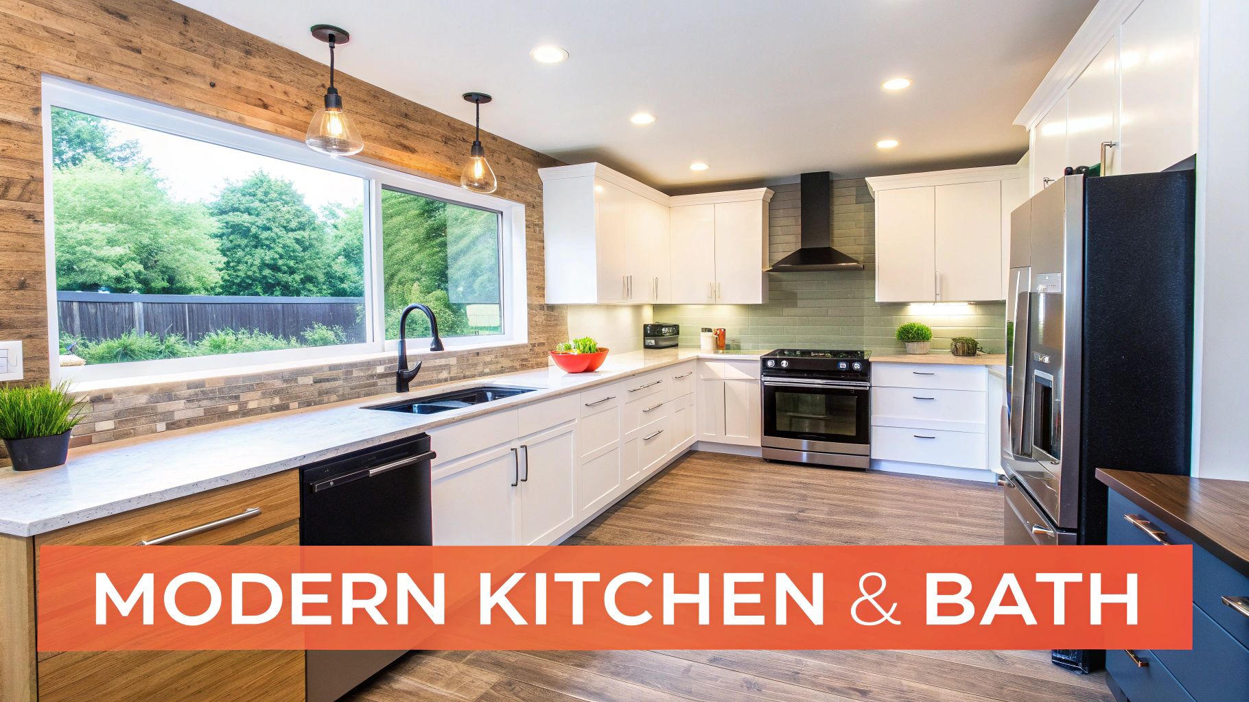 A sleek modern kitchen with white cabinetry, stainless steel appliances, a wood accent wall, and a large window overlooking trees.