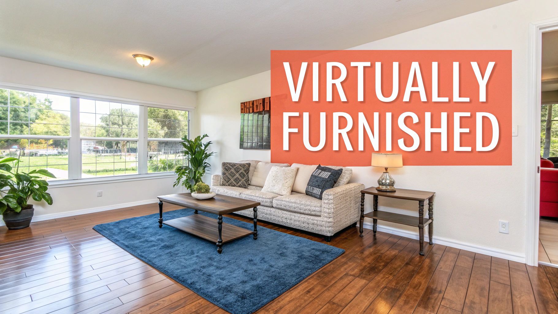 A living room with a sofa, coffee table, blue rug, and plants by a window, with a 'Virtually Furnished' overlay.