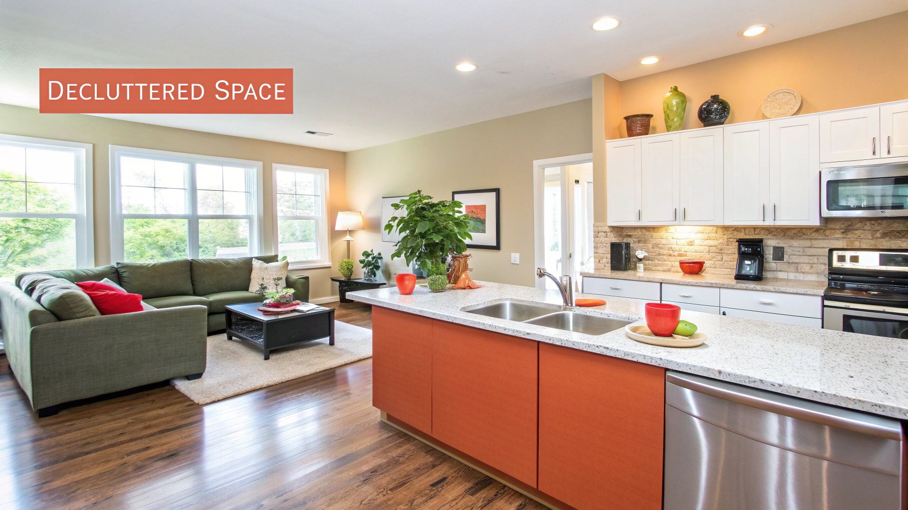 Bright, open-concept living room and kitchen featuring a green sofa and an orange island.