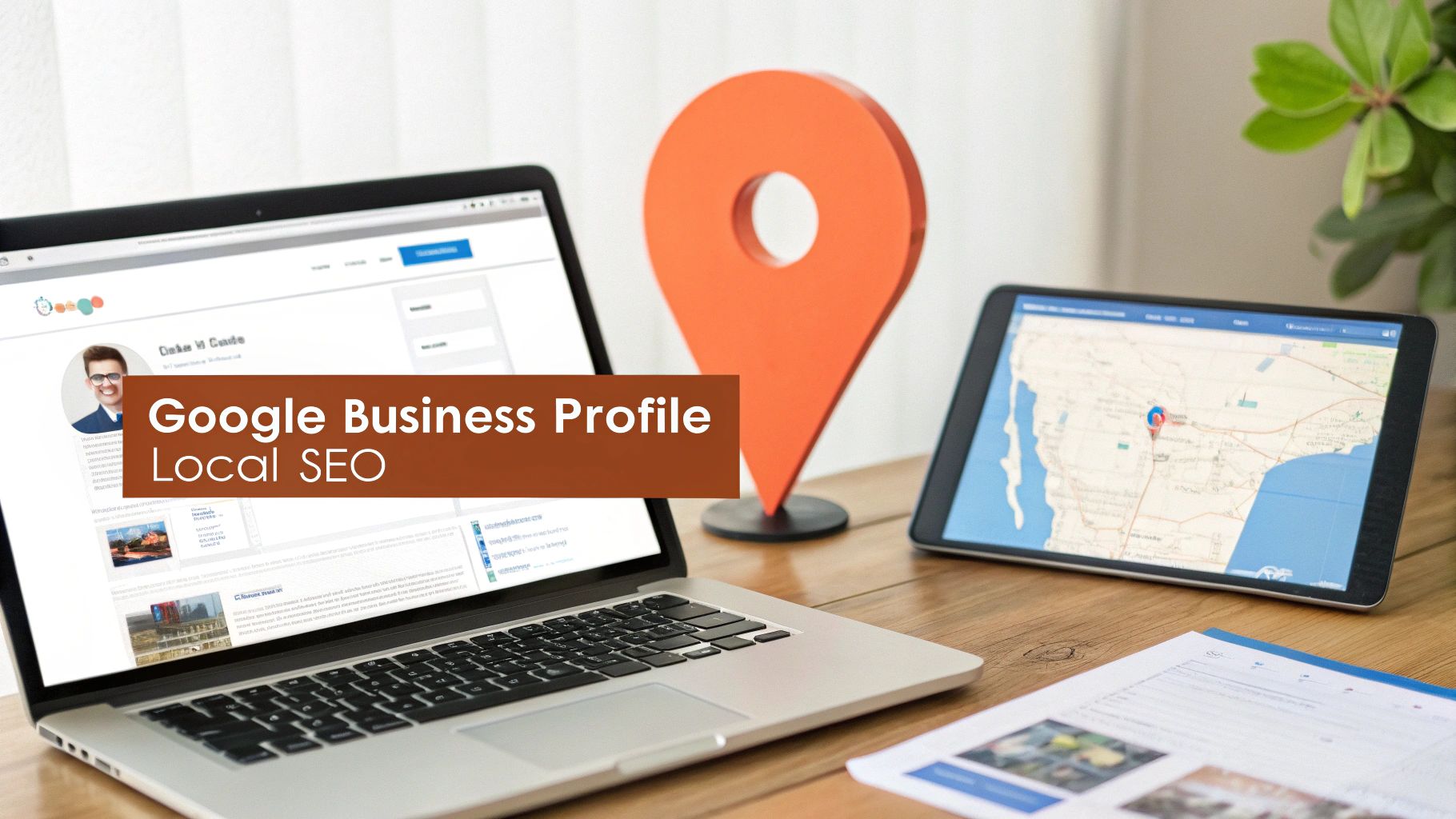 A laptop and tablet display a Google Business Profile interface and a map, with a large location pin, representing local SEO.