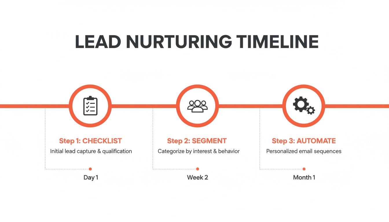 A lead nurturing timeline illustrating three steps: Checklist, Segment, and Automate, with associated timeframes.