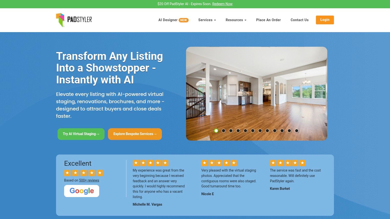 A split image showing a vacant living room on the left and a virtually staged version with elegant, modern furniture on the right, created by PadStyler.