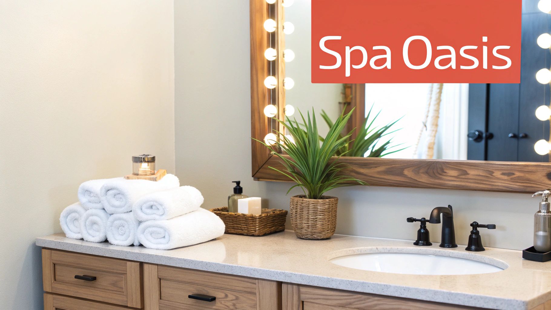 A well-staged bathroom vanity with a mirror, plant, towels, and bath products, labeled 'Spa Oasis'.