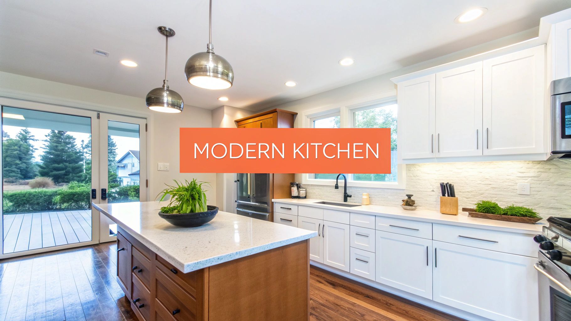 A bright and spacious modern kitchen featuring white cabinets, a wooden island, and stainless steel appliances.