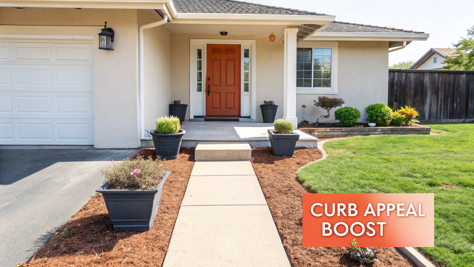 A house's front exterior featuring an orange door, garage, well-maintained lawn, and a walkway.