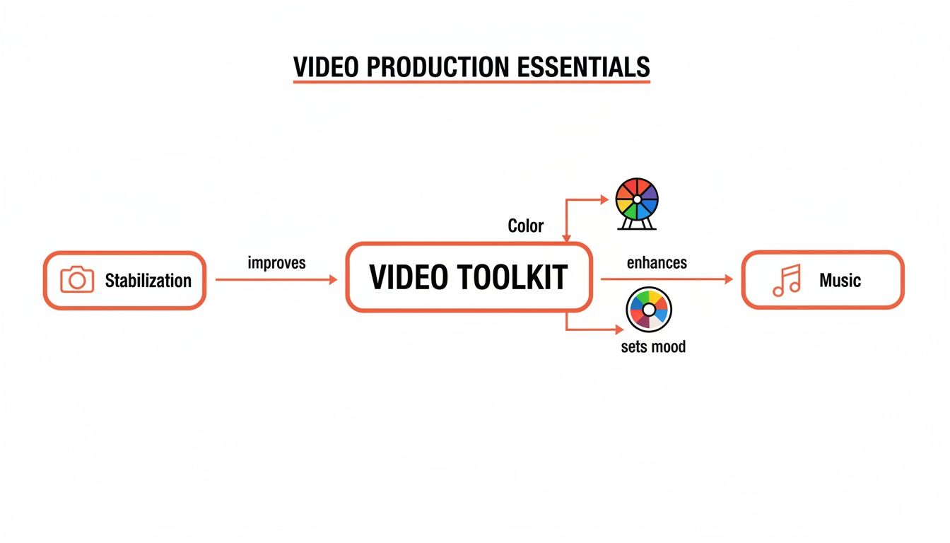 Flowchart showing video production essentials: stabilization improves video toolkit, color enhances, and music sets mood.