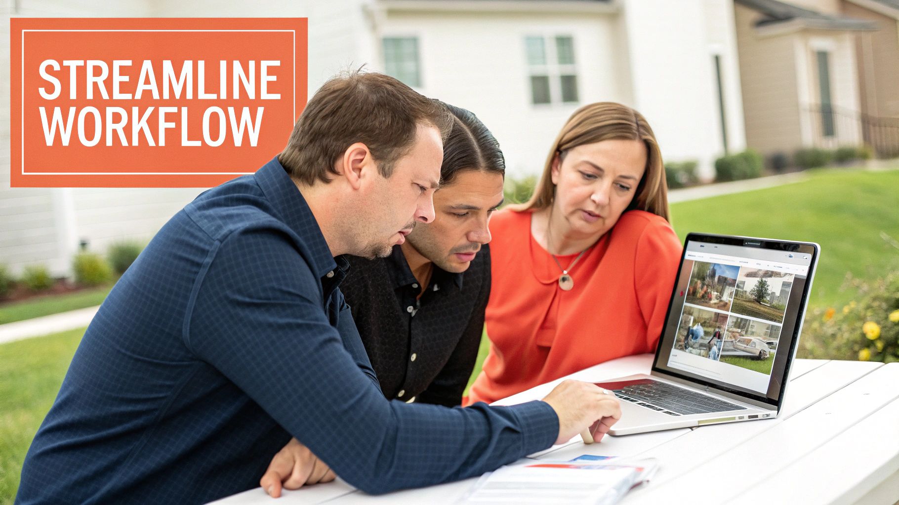Three colleagues collaborating on a laptop, reviewing real estate properties and streamlining workflow outdoors.
