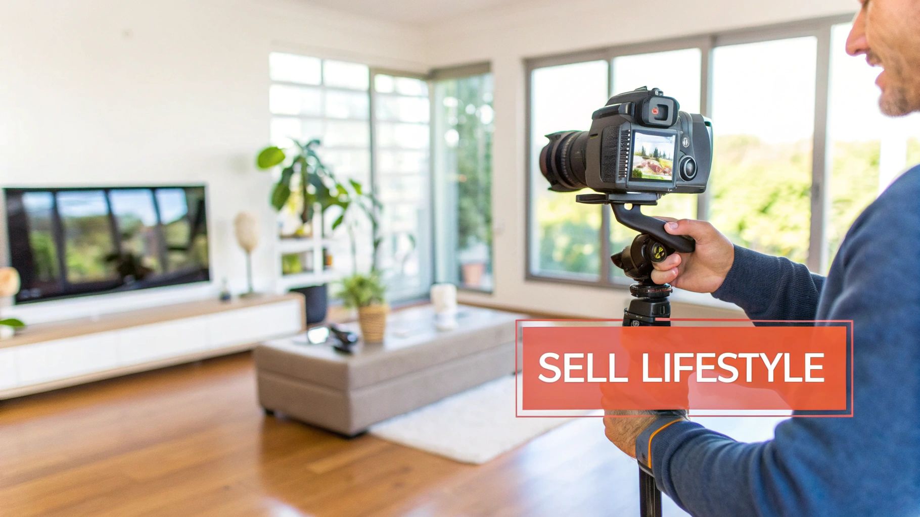 A man films a modern living room with a camera on a tripod, emphasizing lifestyle marketing.