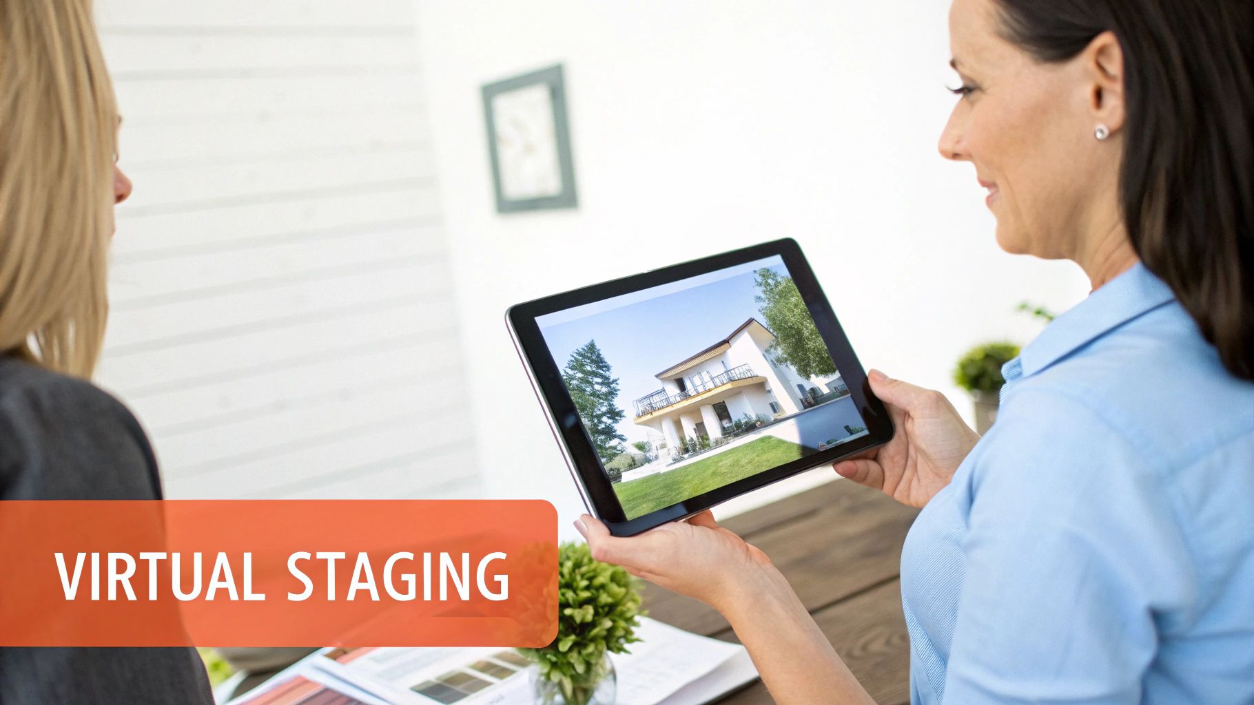 Two women looking at a tablet showing a virtually staged house, discussing real estate property listings.