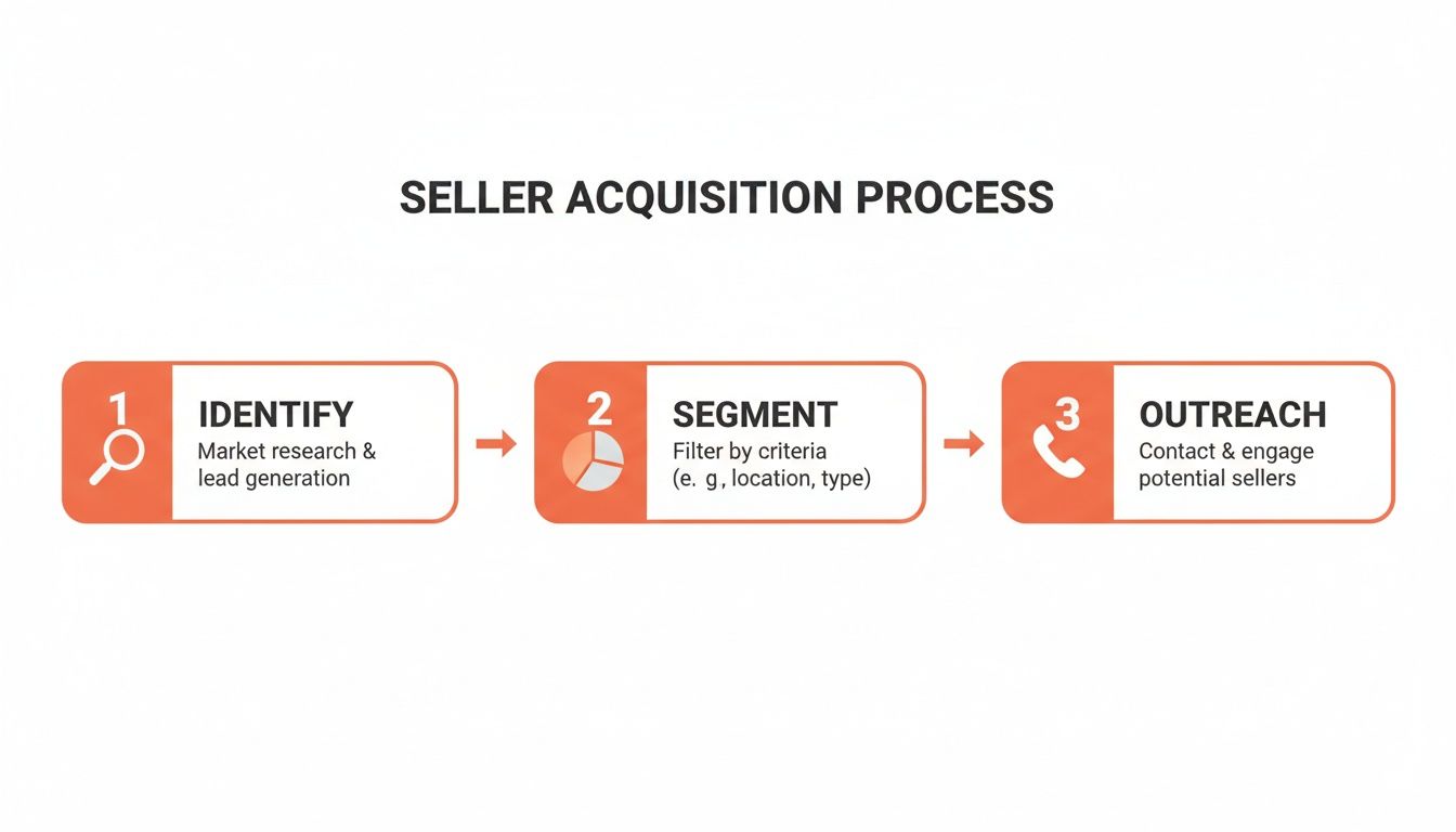 A three-step seller acquisition process: identify, segment by criteria, and outreach to potential sellers.