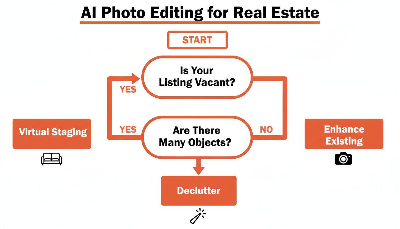 A flowchart outlining AI photo editing decisions for real estate, guiding users to virtual staging, declutter, or enhance.
