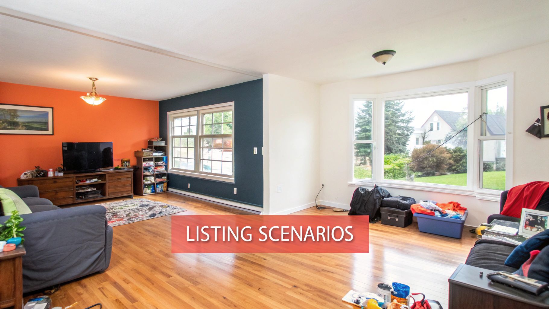 A somewhat cluttered living room with hardwood floors, orange and blue walls, and large windows.