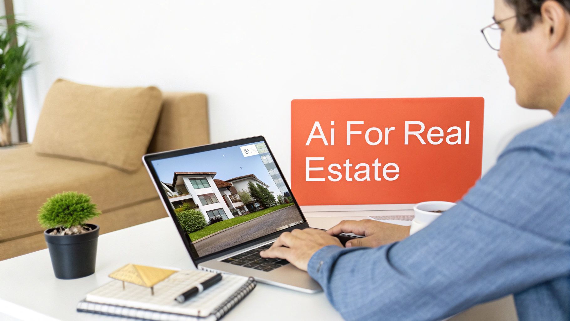 A man's hands typing on a laptop, displaying a house, with an "AI For Real Estate" sign.