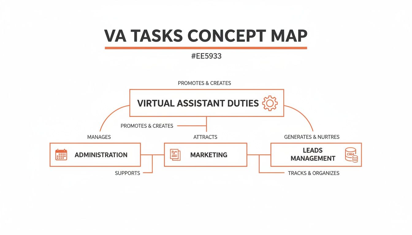 A concept map illustrating virtual assistant duties, categorizing tasks into administration, marketing, and leads management.