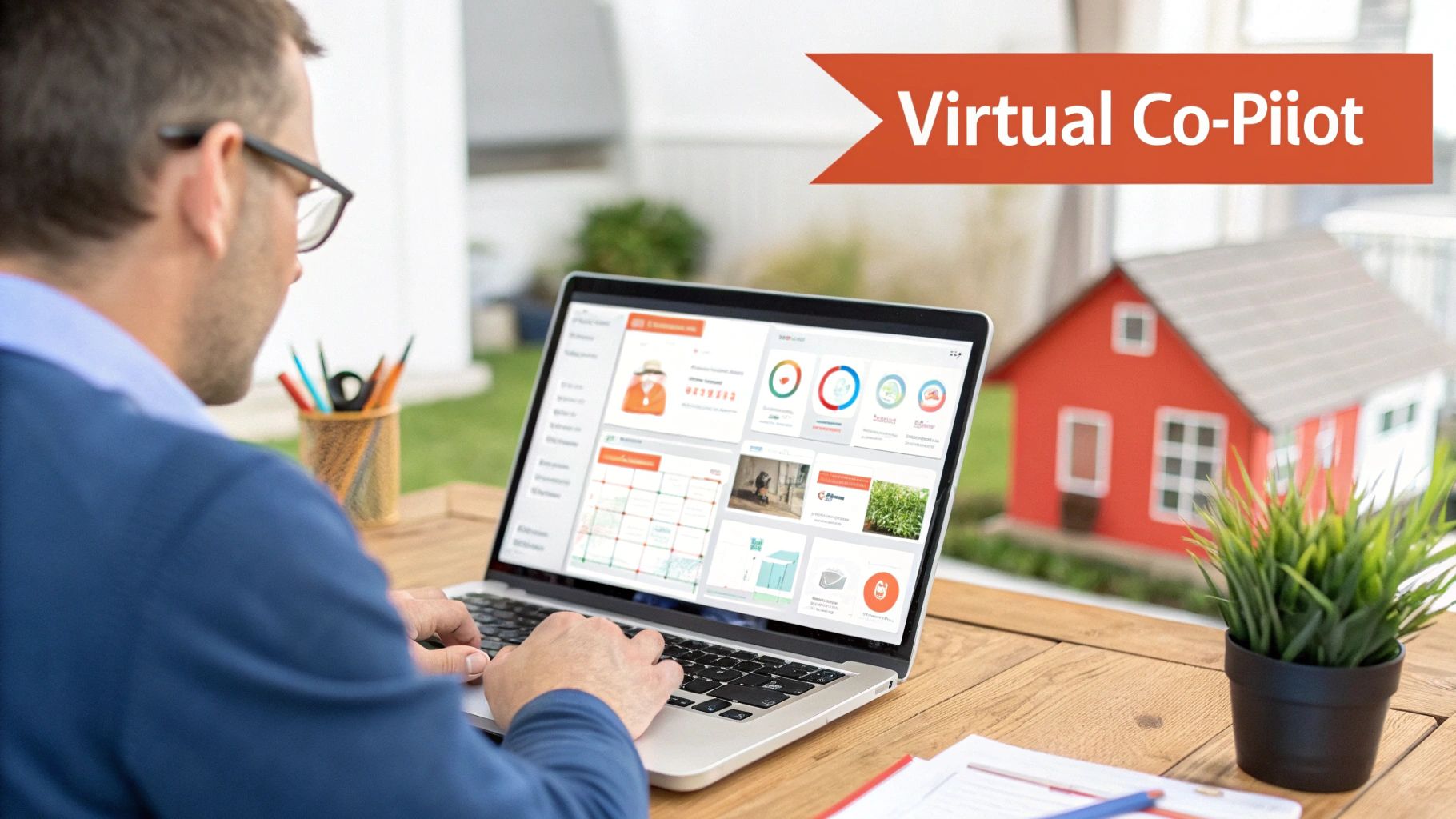 A man from behind works on a laptop, displaying a 'Virtual Co-Piilot' dashboard and data.