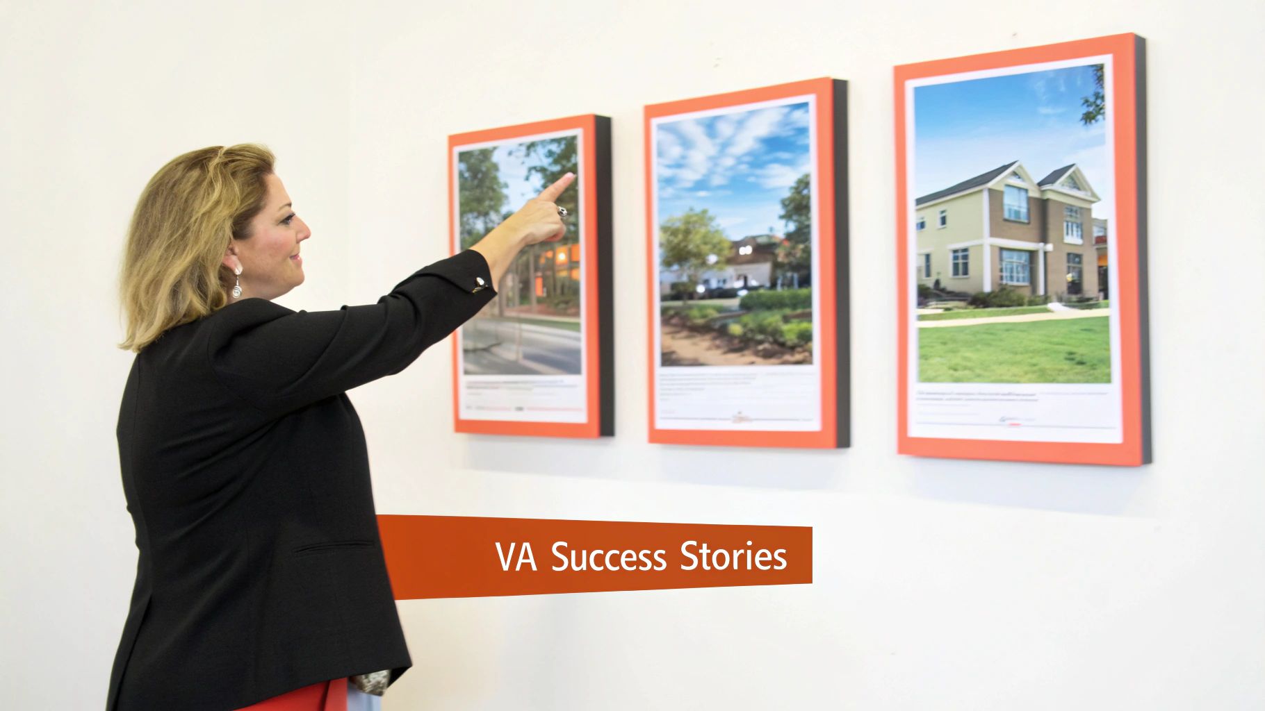 Professional woman pointing at three real estate success stories posters on a white wall.