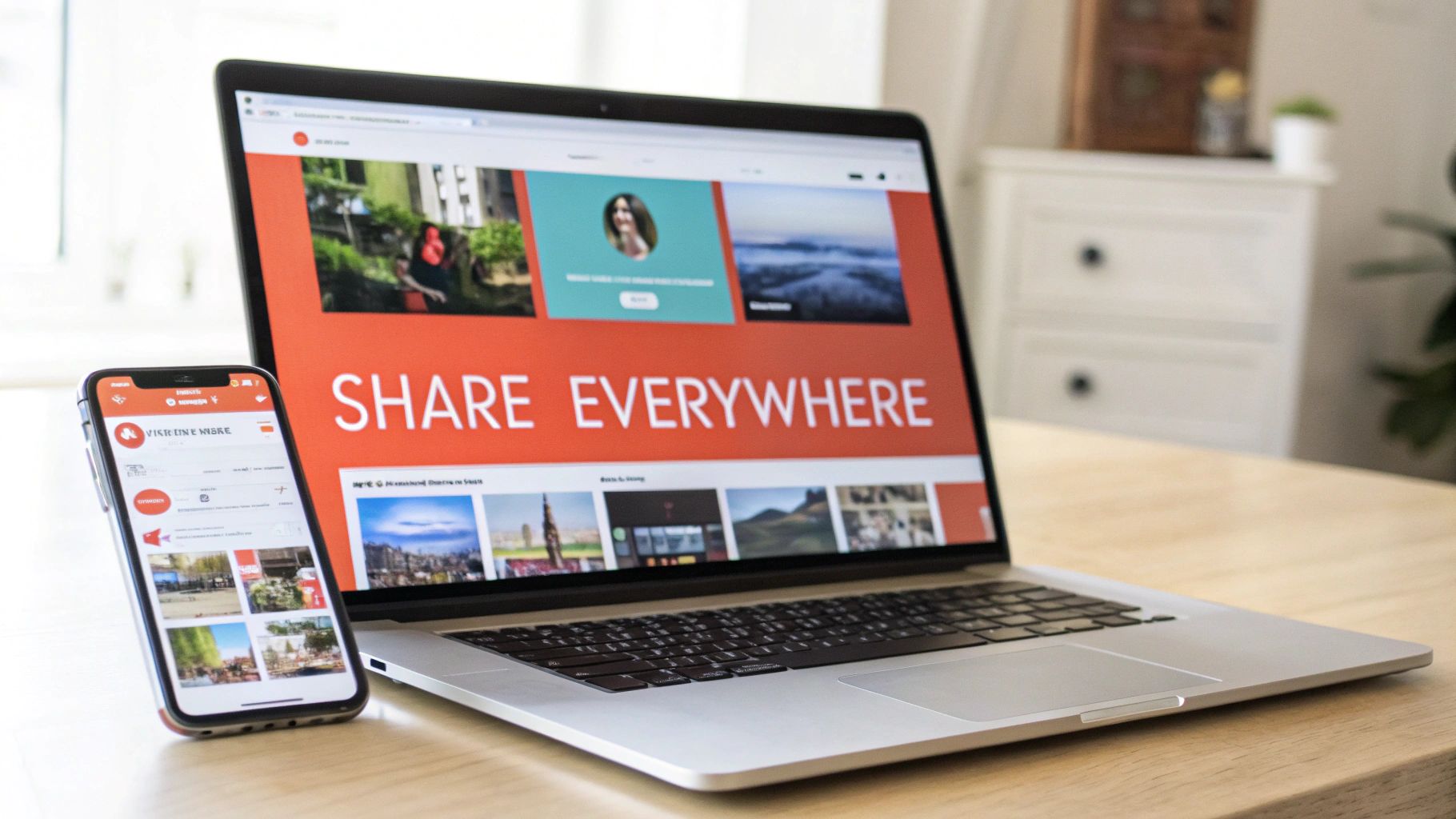 Modern laptop and smartphone displaying a sharing platform with 'SHARE EVERYWHERE' text on a wooden desk.