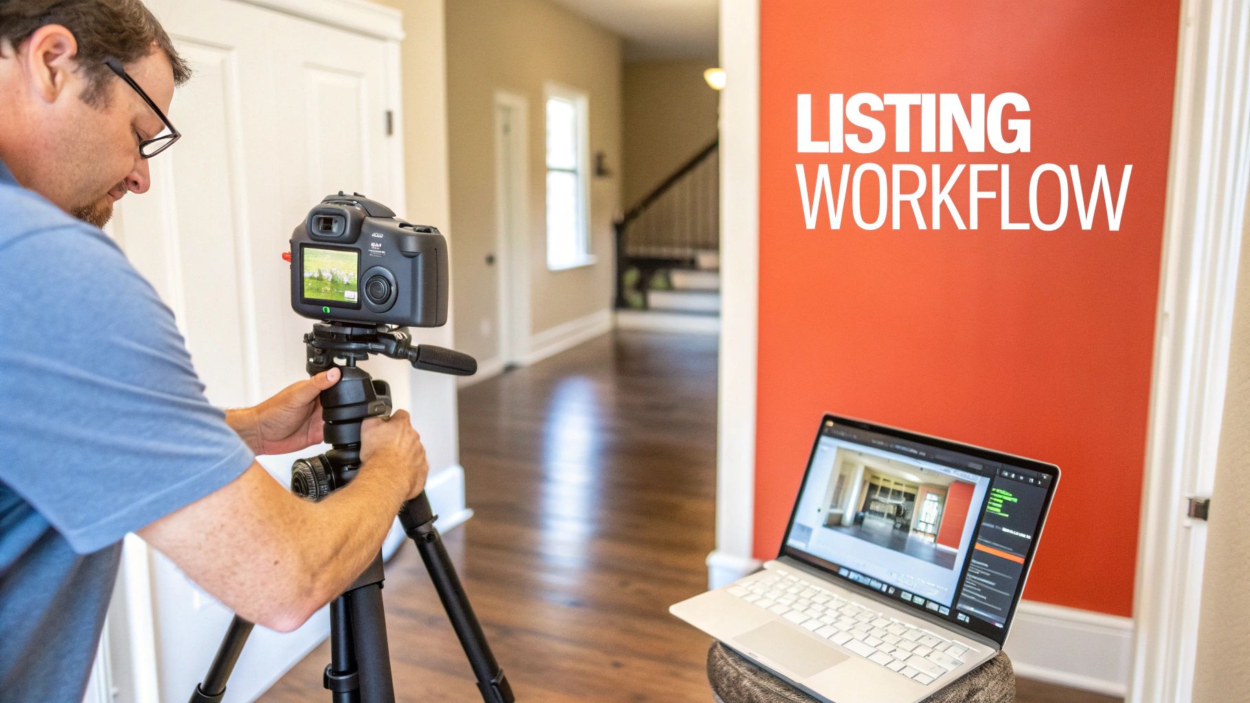 Man adjusts a camera on a tripod in a house, next to a laptop displaying real estate photos.