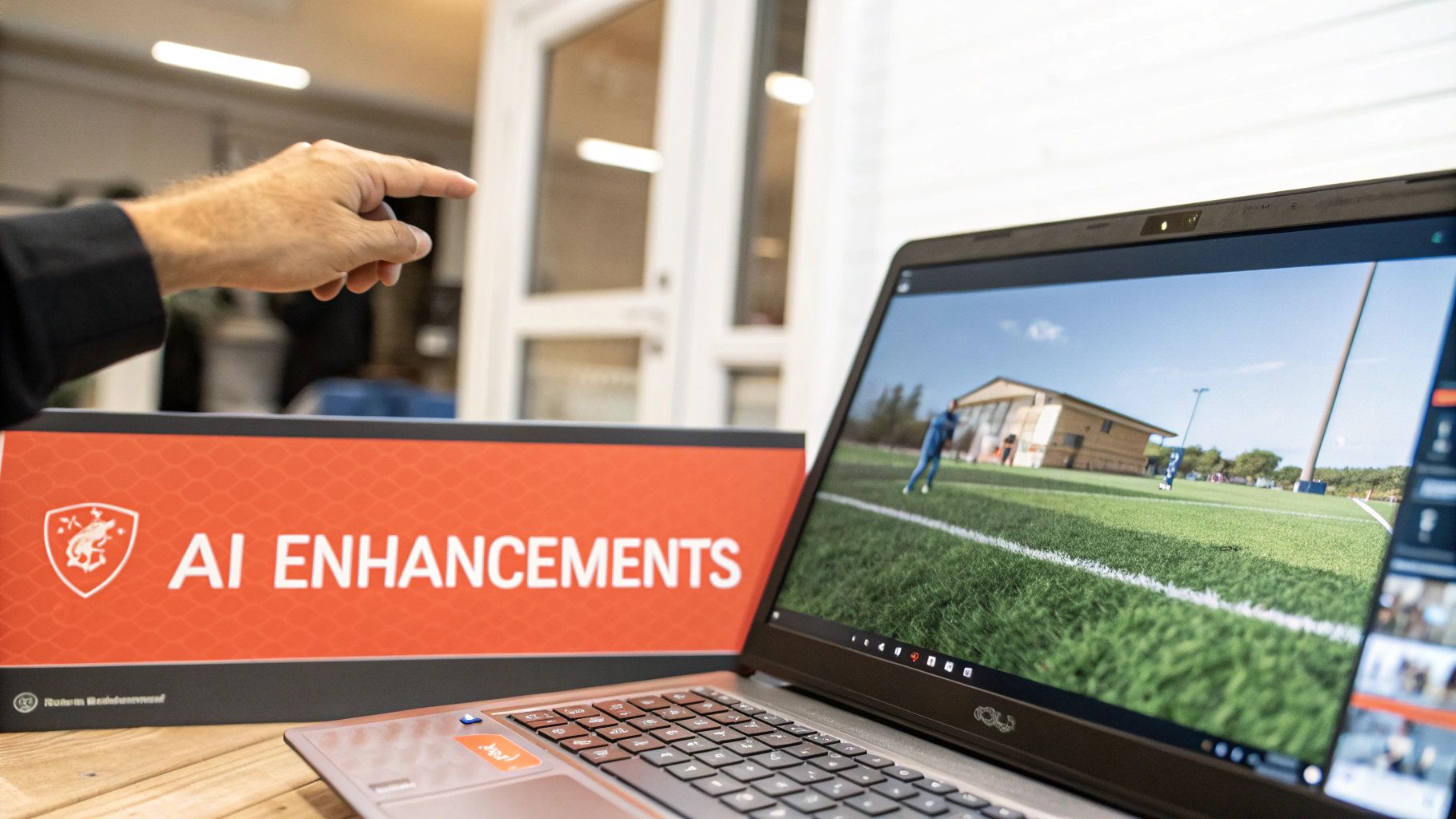Hand points at a laptop displaying a football field with players, next to an 'AI Enhancements' sign.