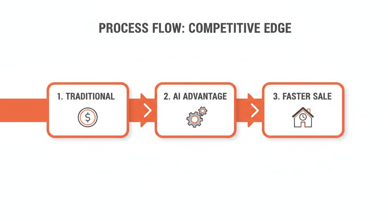 A process flow diagram illustrating a competitive edge gained through Traditional, AI Advantage, and Faster Sale steps.