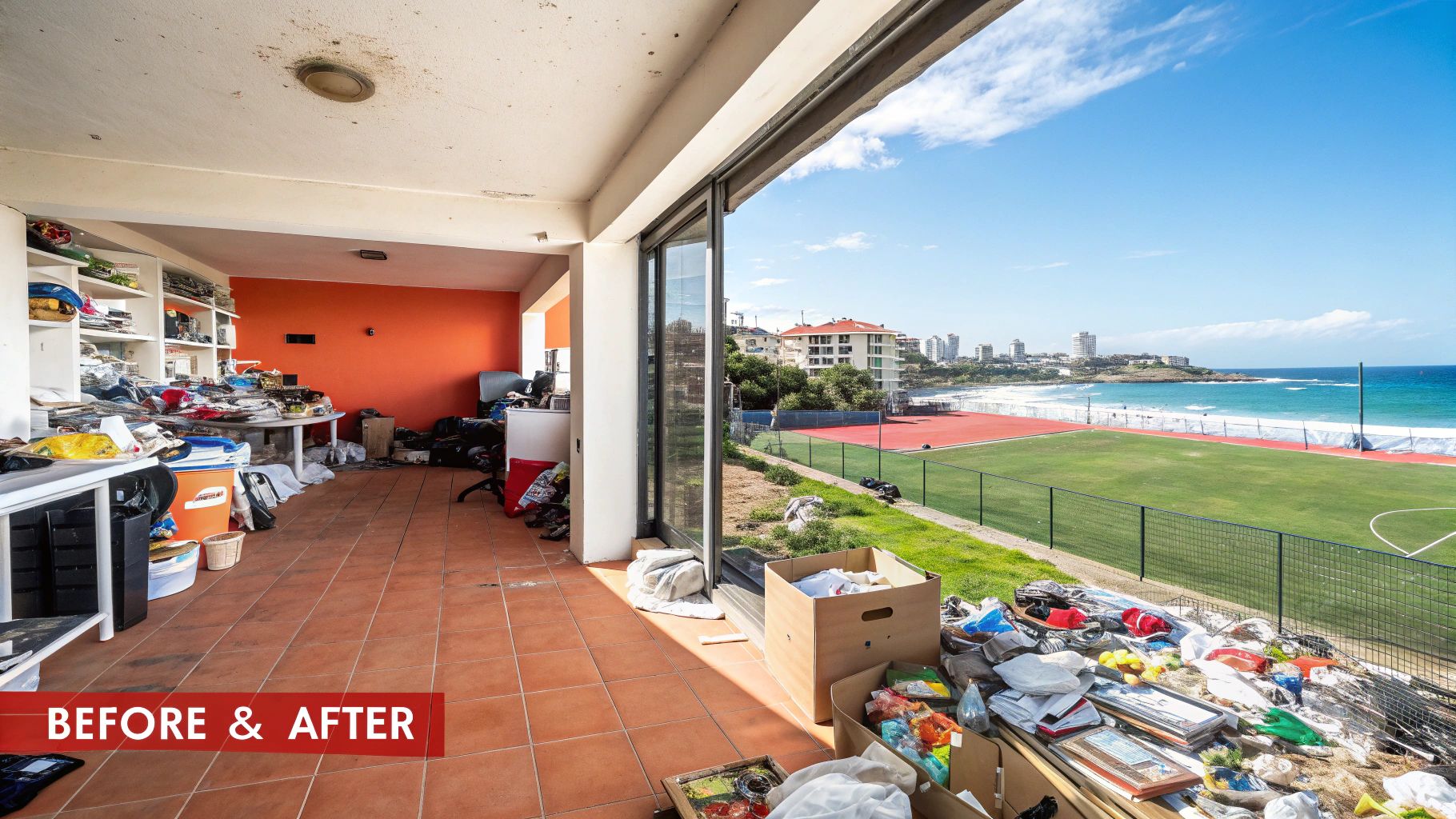 A very messy room filled with items and boxes, with a view overlooking a sports field, beach, and city skyline.
