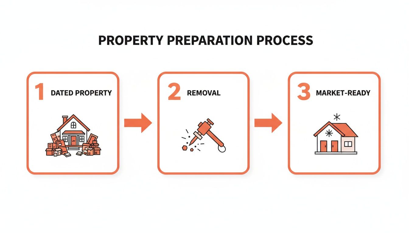 An infographic illustrating the three-step property preparation process from dated property to market-ready.
