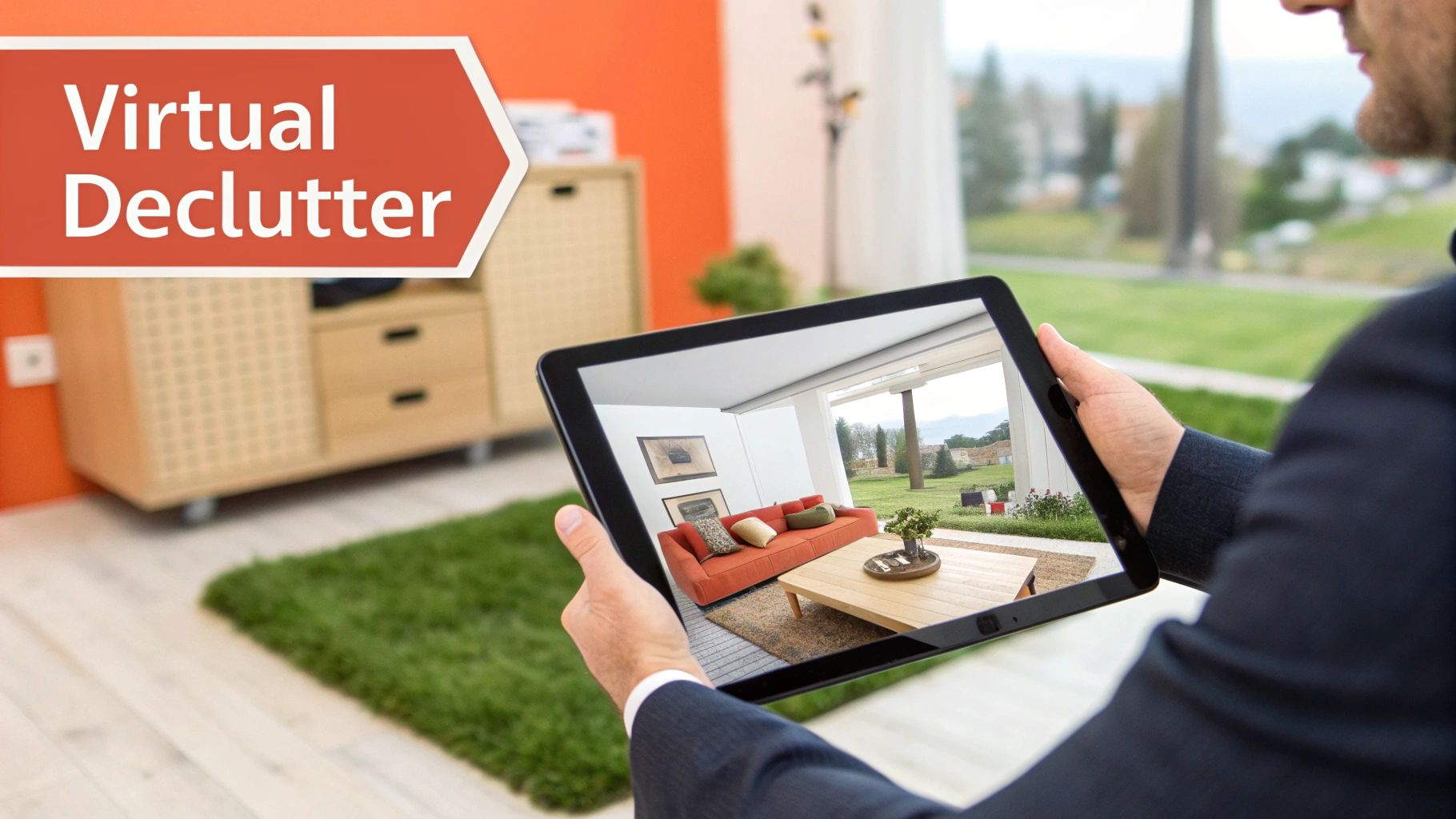 Person holding a tablet displaying a virtually decluttered living room with a sofa and outdoor view.
