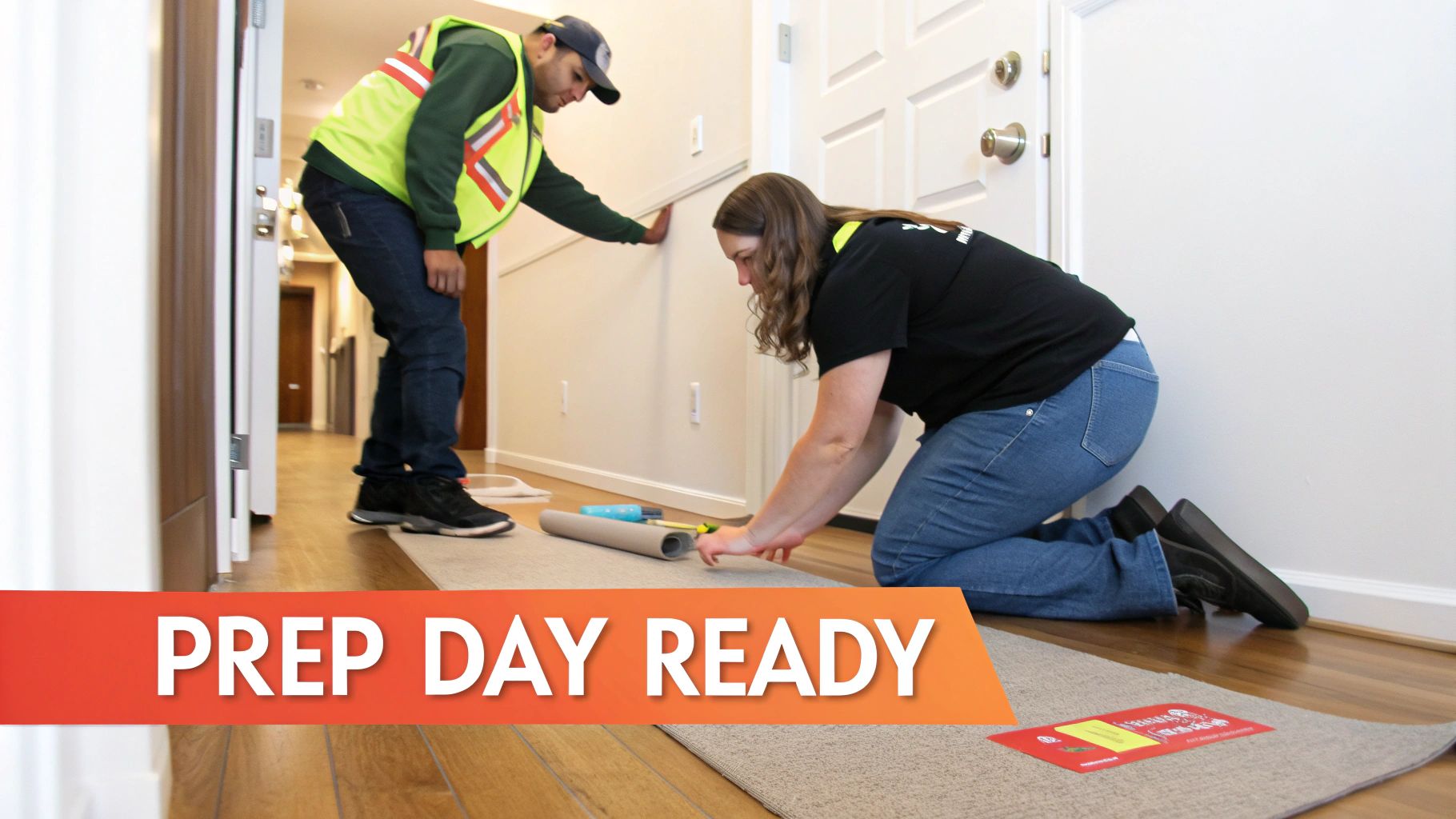 Workers in uniform prepare an indoor space by laying down protective floor mats.