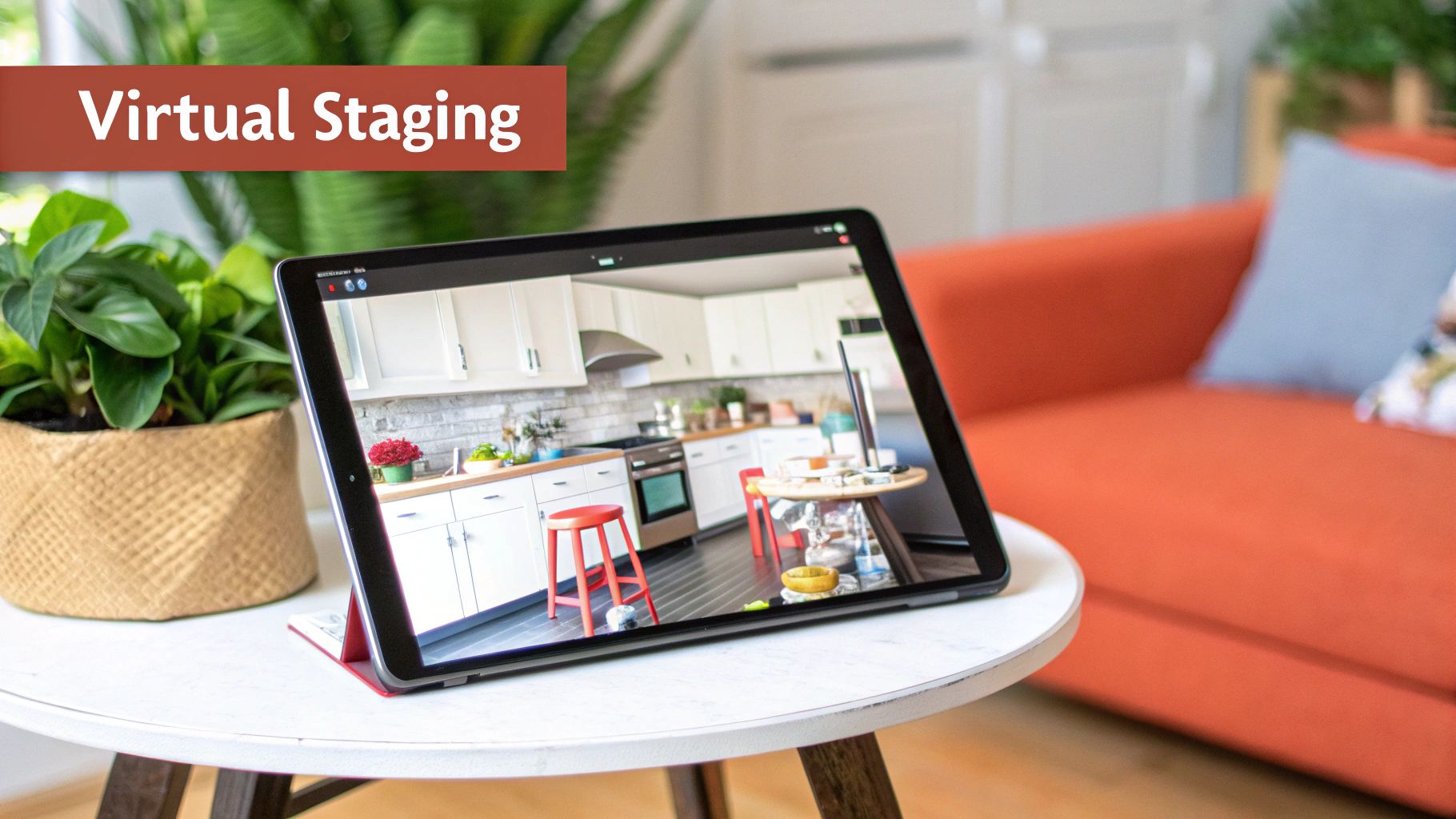 A tablet on a white table displays a virtually staged modern kitchen, with a plant and orange sofa.