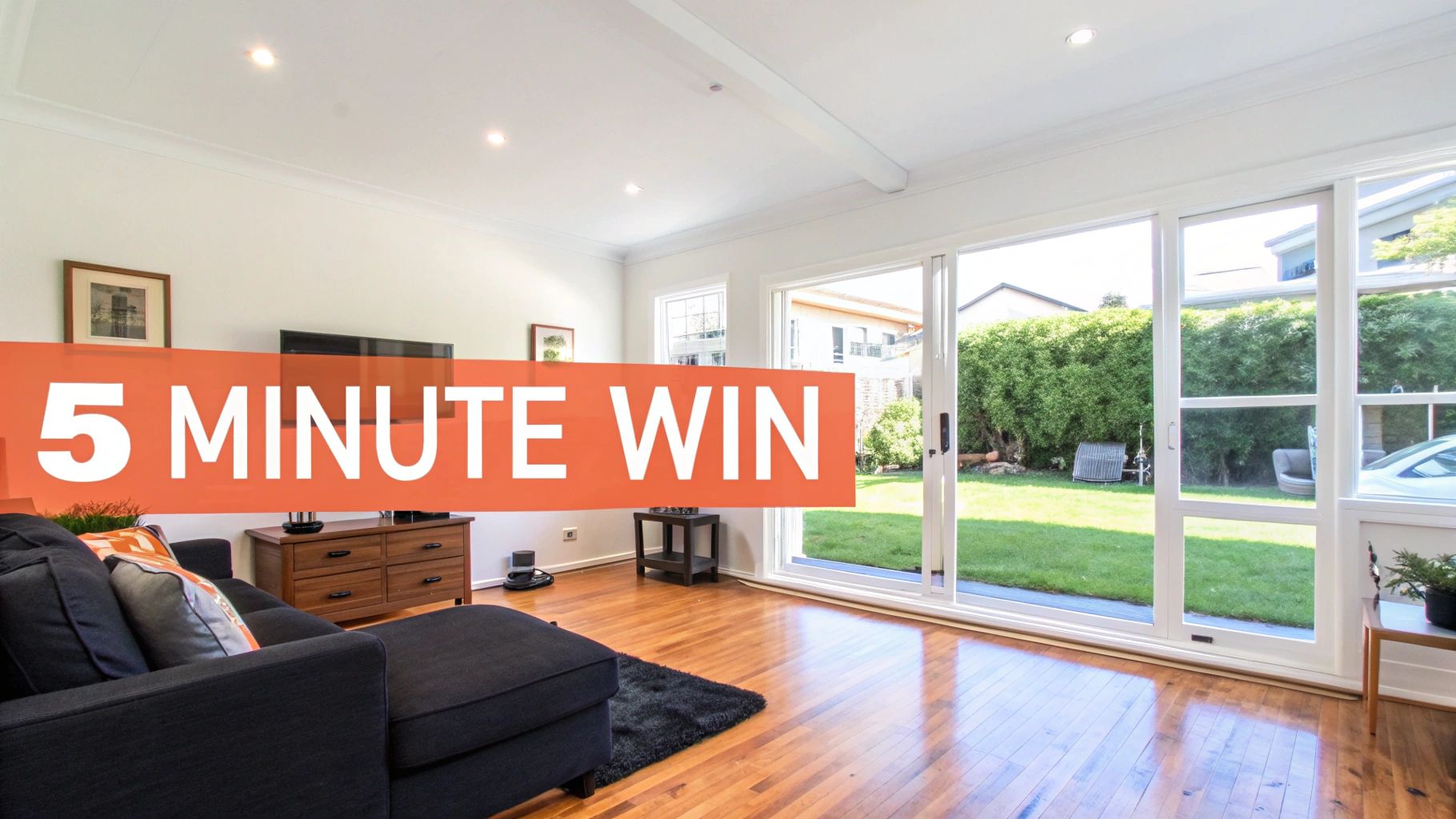 A bright and spacious living room with a black sectional sofa, hardwood floors, and sliding doors to a green backyard.