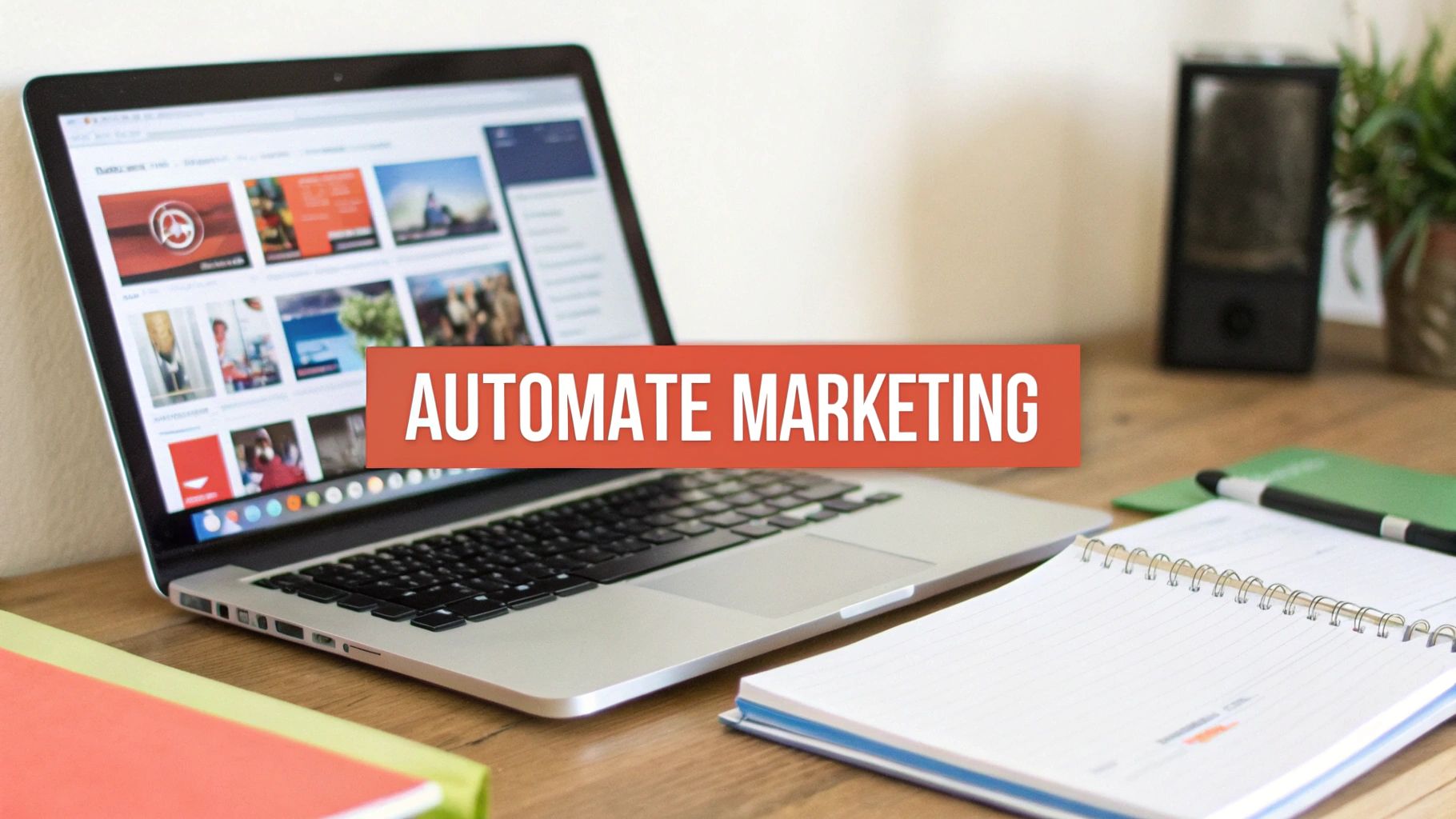 A laptop displaying a marketing website, a notebook, and a pen on a desk with an "AUTOMATE MARKETING" banner.