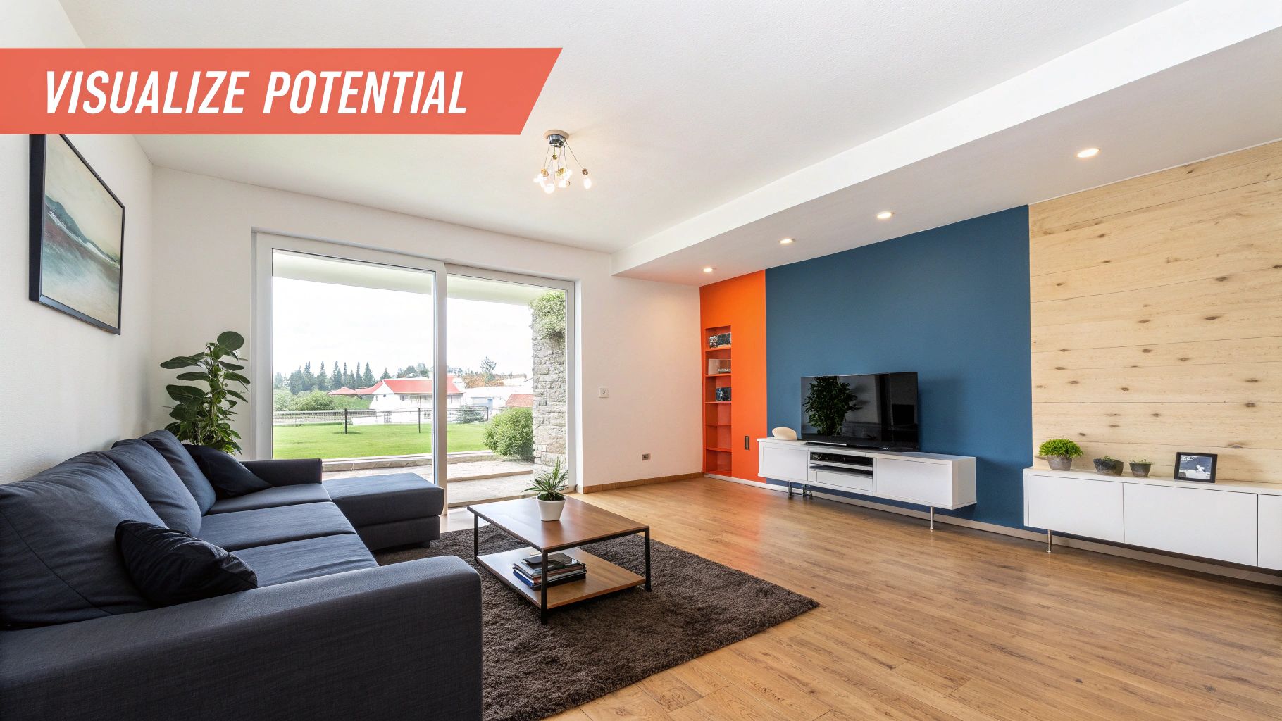 Modern living room with blue and orange accent walls, a grey sectional sofa, and a large window.