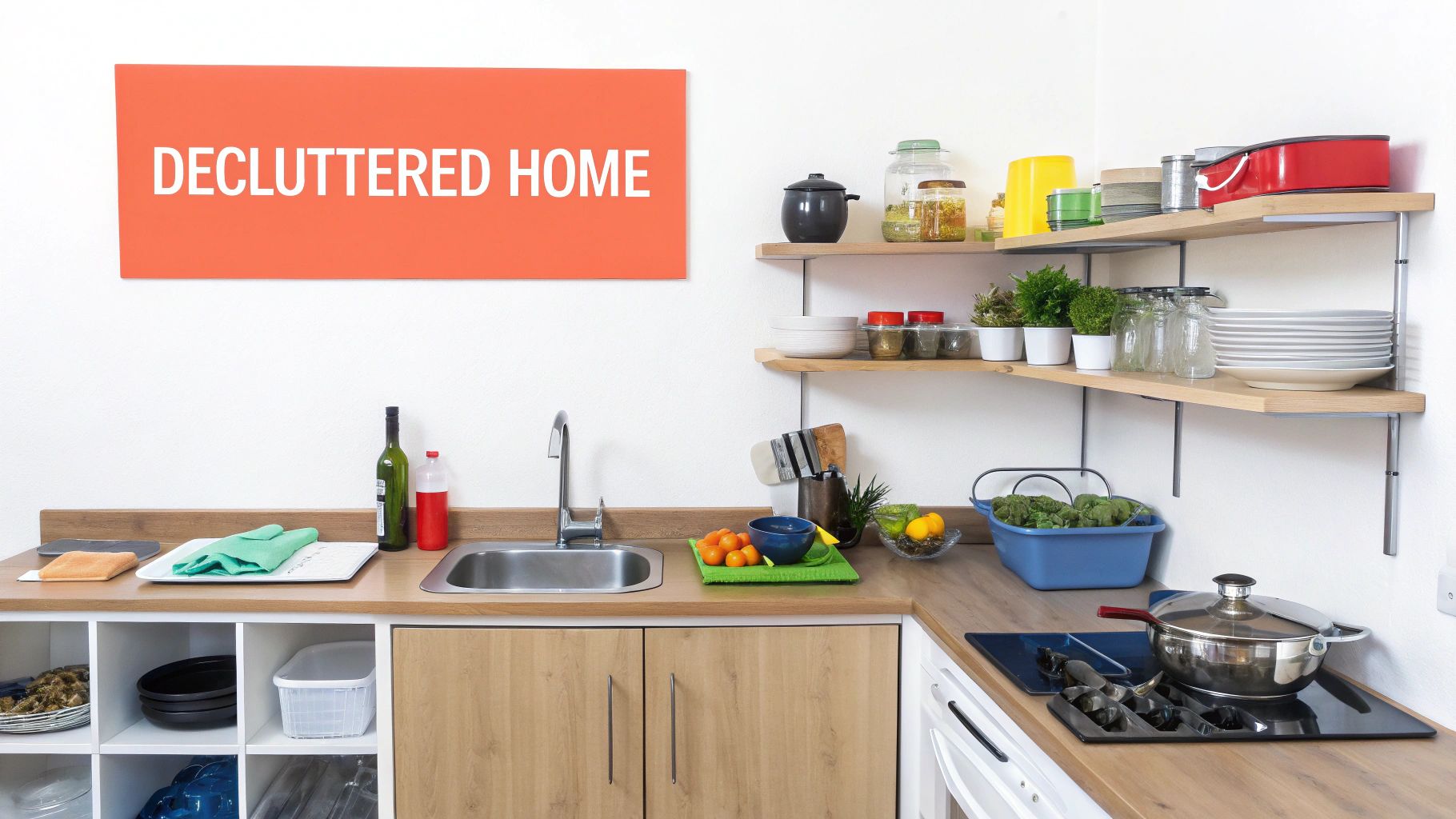 A clean, modern kitchen with wooden countertops, open shelves, and a sign that says 'DECLUTTERED HOME'.