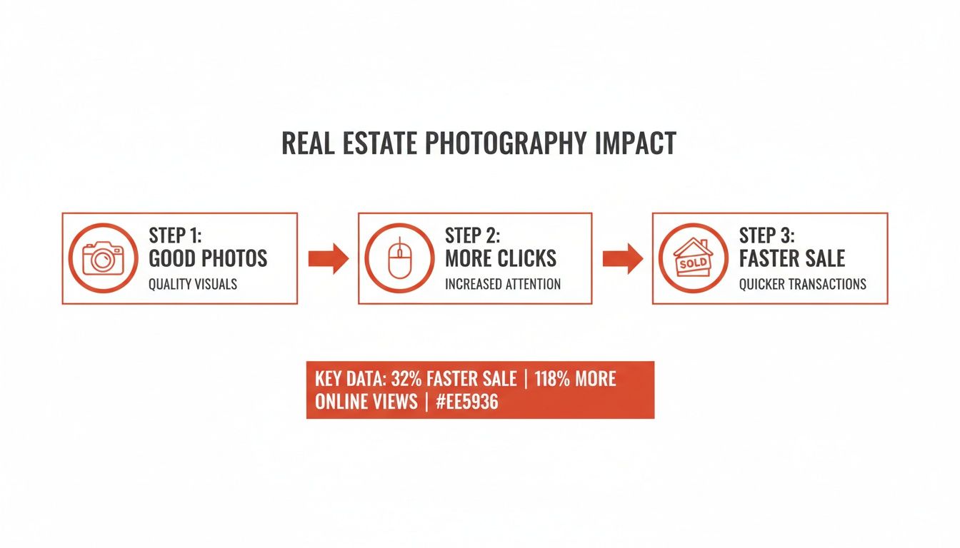 Infographic illustrating how good real estate photography drives more clicks, leading to faster property sales, with key data.