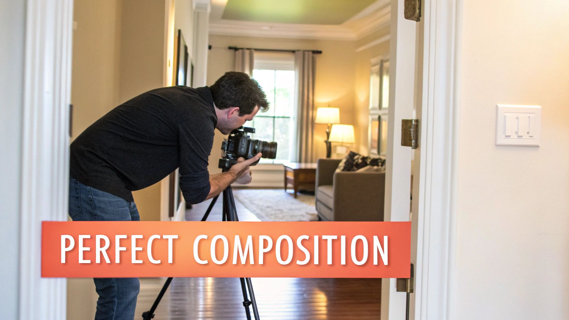 A male photographer is seen using a professional camera on a tripod to capture the interior of a home, focusing on a bright living room.