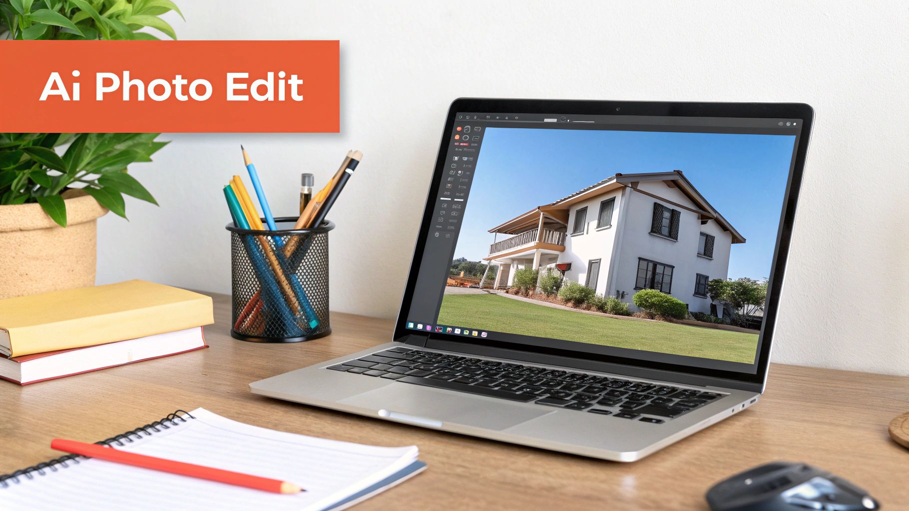 A laptop on a wooden desk displaying a house photo, with an 'Ai Photo Edit' banner, plant, and office supplies.
